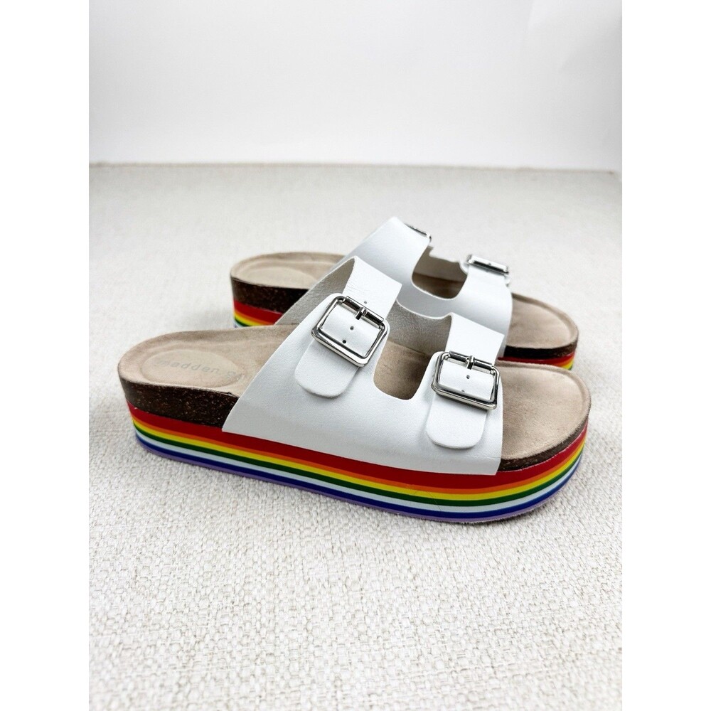 Madden Girl Purr Sandals Womens Size 8 White Rainbow Platform Slip On Shoes